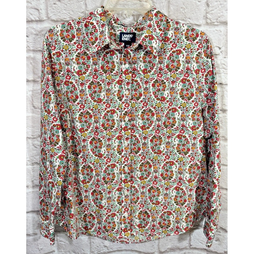 Lands End No Iron Supima Button Front Shirt 10P Ditzy Floral 100% Cotton Top